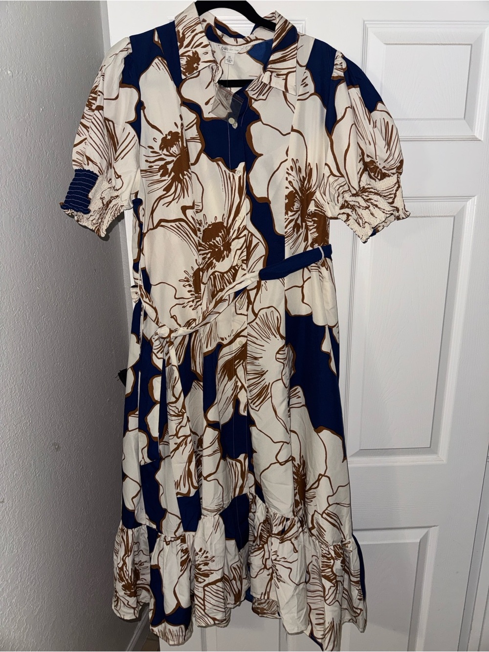 Cato Navy, Cream & Brown Floral Button Midi Dress